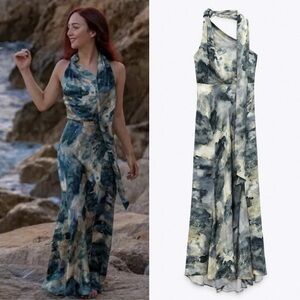 ZARA PRINTED HALTER DRESS LIMITED EDITION BLUE SIZE SMALL